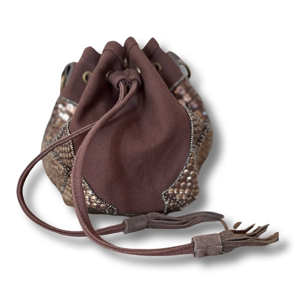 American Eagle Brown Canvas Bucket Drawstring Crossbody Bag with Suede Leather - Picture 1 of 11